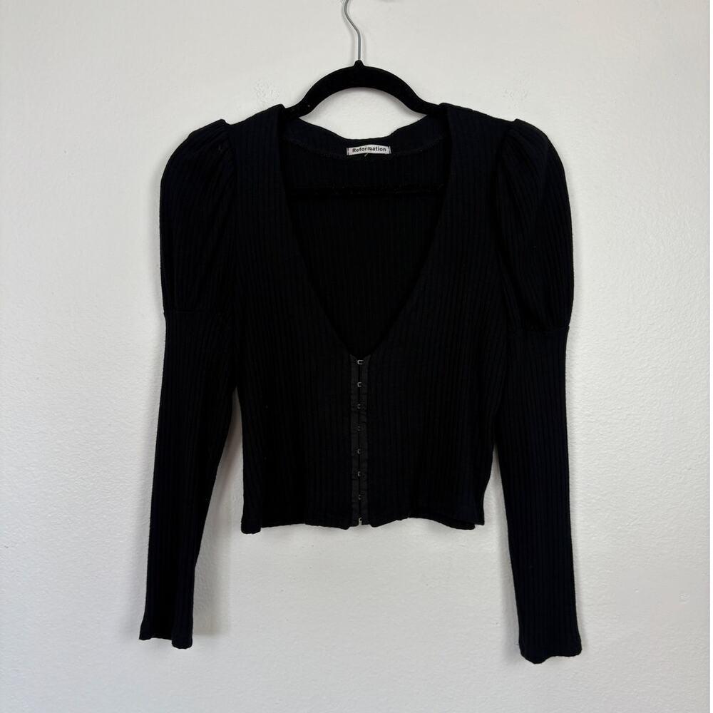 Reformation Einkorn Clasp Front Ribbed Puff Sleeve Tencel Blend Blouse Medium - Picture 2 of 7